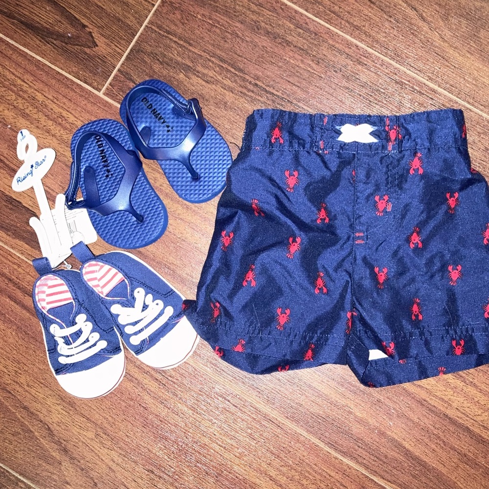 Baby Boy Navy Bathing Suit with Lobsters. Includes two shoes.